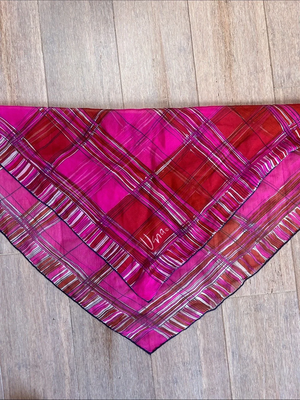 Ugna silk chiffon Vibrant Pink & red Plaid Square Scarf printed look rolled hem